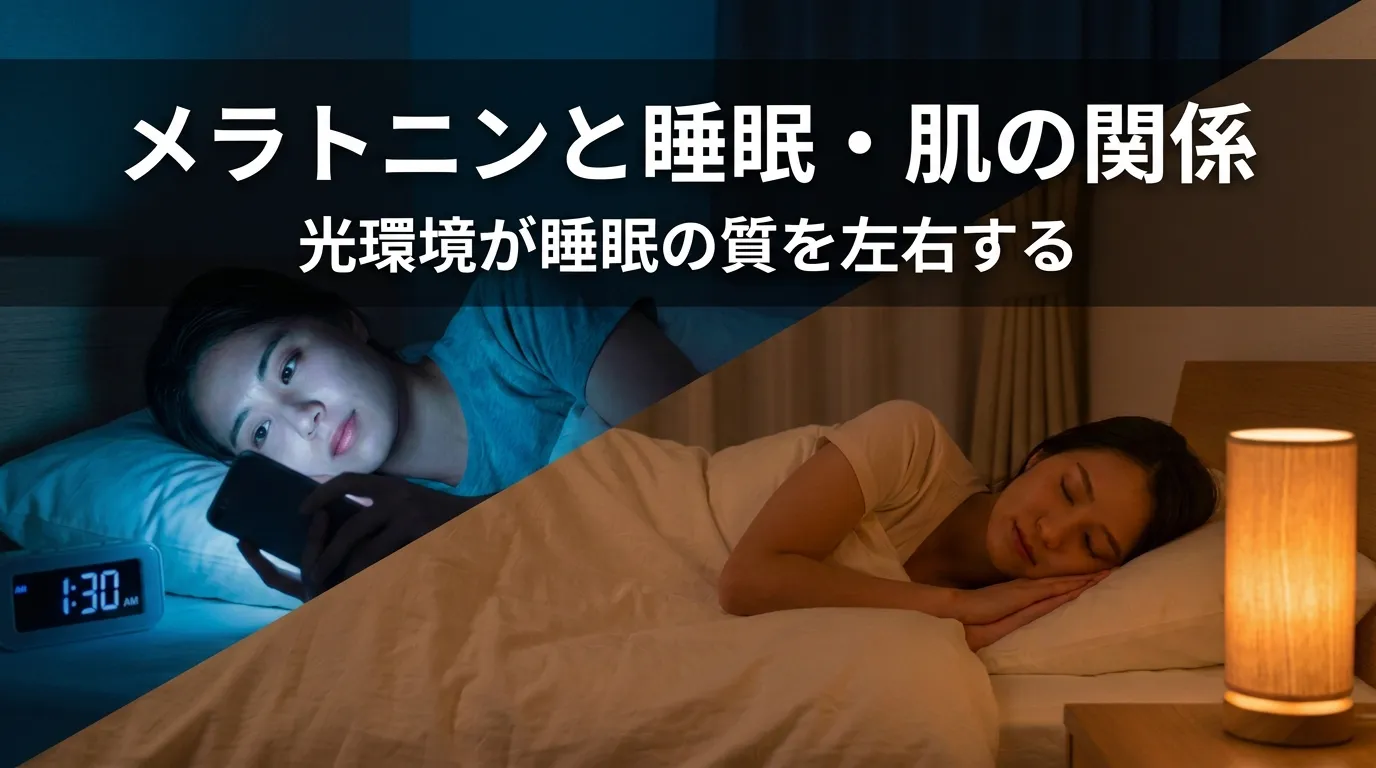 スマートフォンを見る女性と眠る女性を対比し、メラトニンと睡眠、肌の関係を表した見出し画像