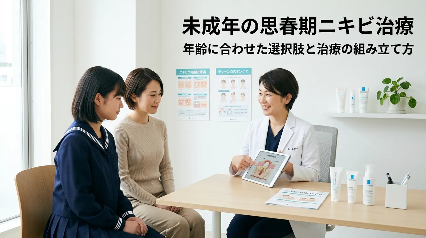 未成年の思春期ニキビ治療について、医師が本人と保護者に年齢に合わせた治療選択肢を説明している画像