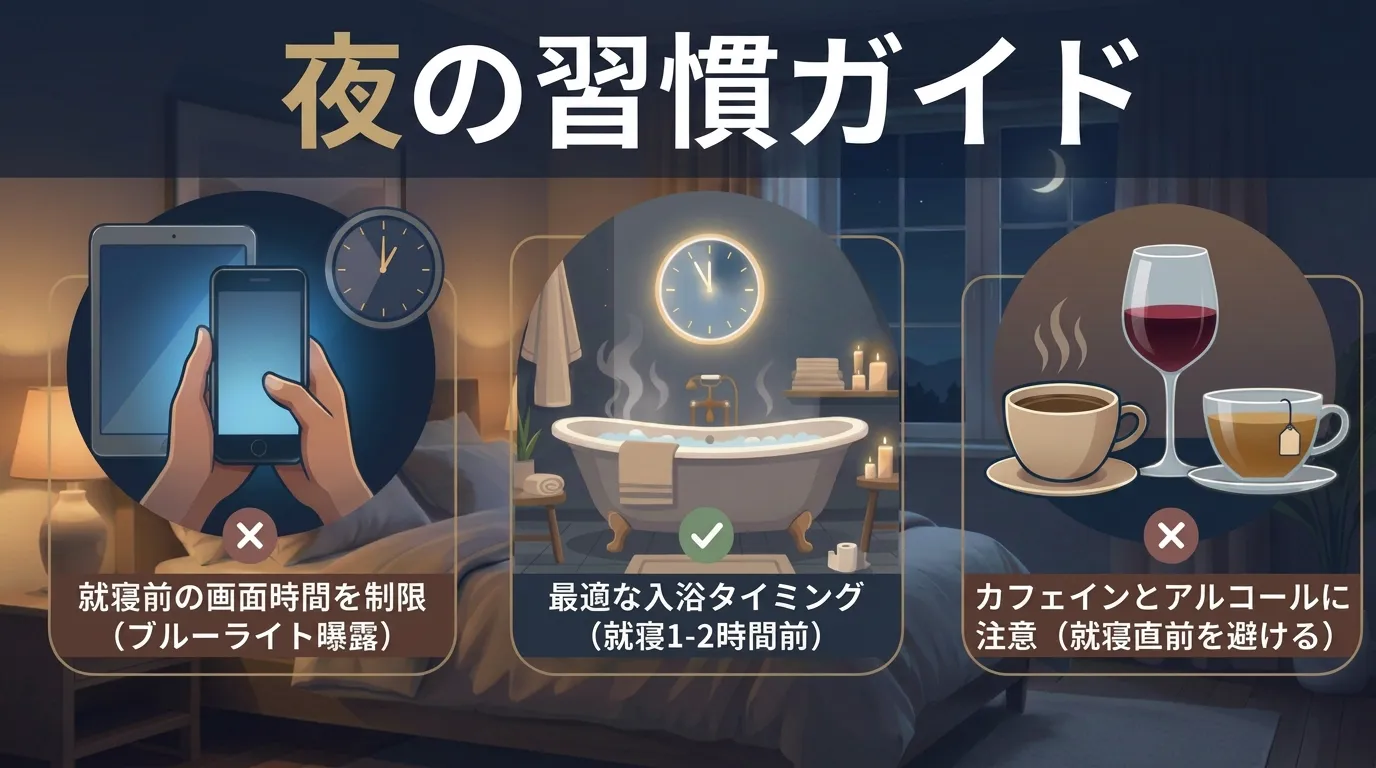 就寝前のスマホ使用、入浴、カフェインやアルコールへの注意点を示した夜の習慣ガイドの見出し画像