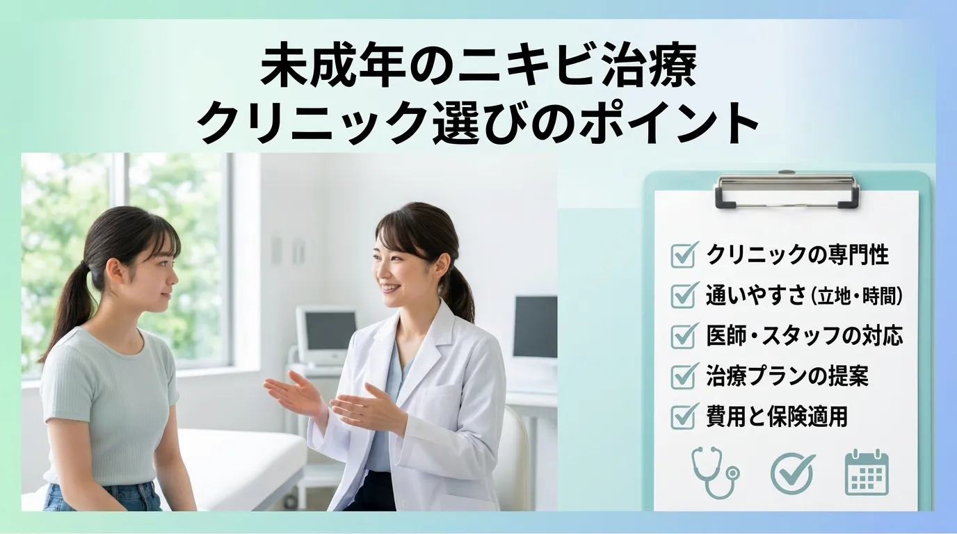 名古屋で未成年がニキビ治療を受ける際に、クリニックの専門性や通いやすさ、費用面を確認するポイントを示す画像