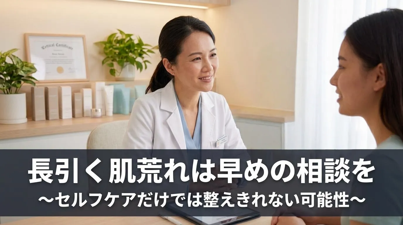 医師と患者が相談する様子を通して、長引く肌荒れは早めの受診を検討すべきことを表した見出し画像