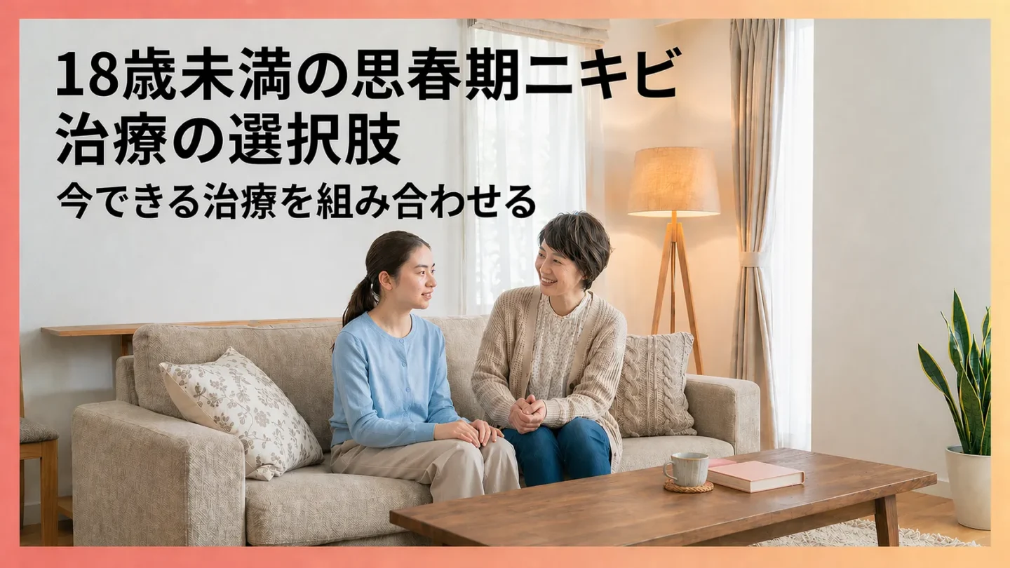 18歳未満でも思春期ニキビの治療選択肢があり、本人と保護者が相談しながら治療を考える様子を表したまとめ画像