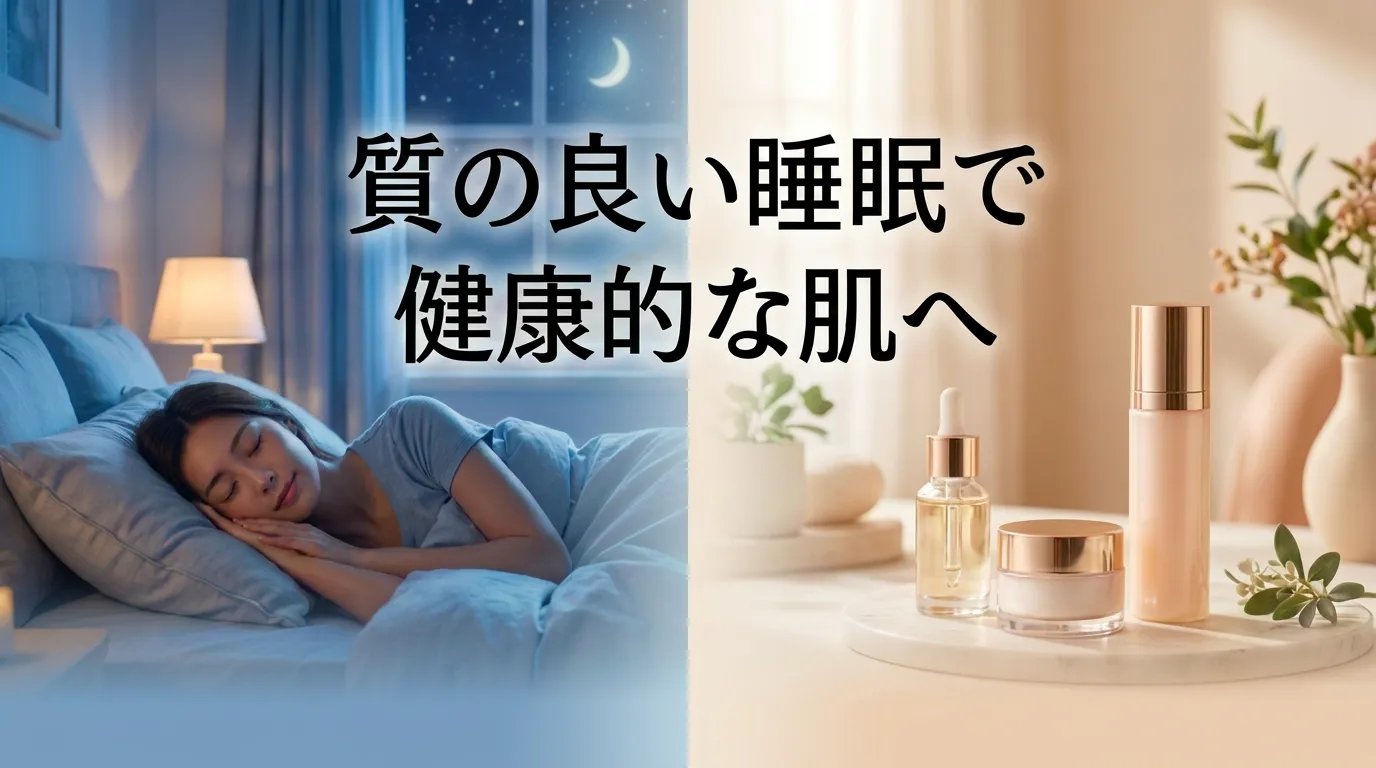 眠る女性とスキンケア用品のイメージを組み合わせ、質の良い睡眠が健康的な肌づくりの基本であることを表したまとめ画像