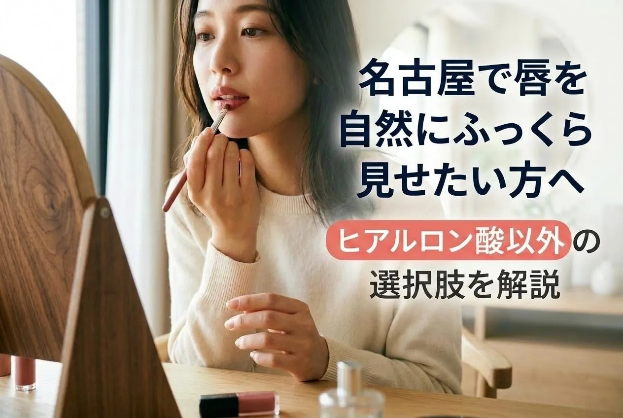 鏡の前でリップメイクをする女性と、名古屋で唇を自然にボリュームアップするヒアルロン酸以外の選択肢を紹介するアイキャッチ画像