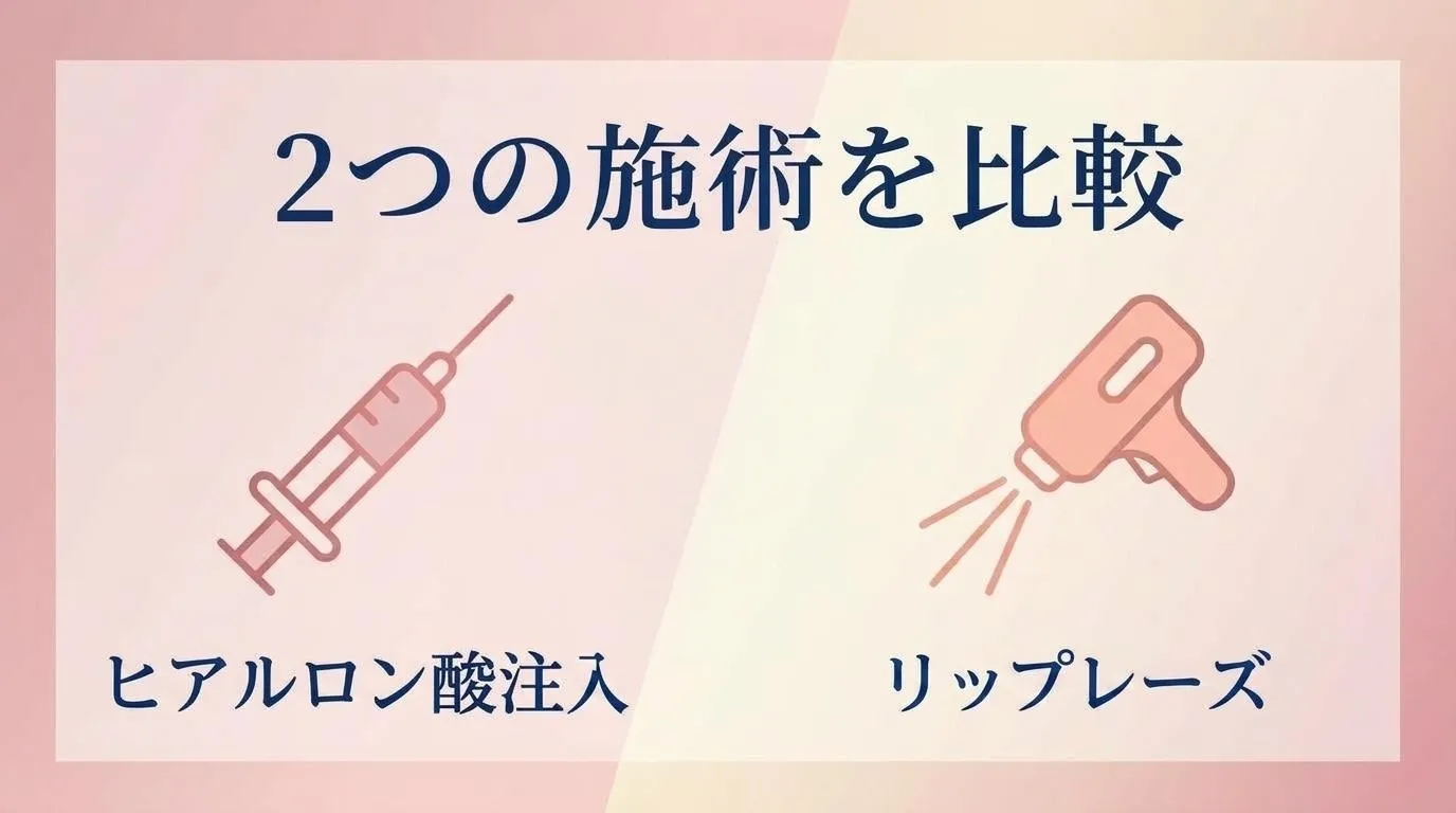 ヒアルロン酸注入とリップレーズを比較し、唇のボリュームアップ方法の違いを説明する見出し画像