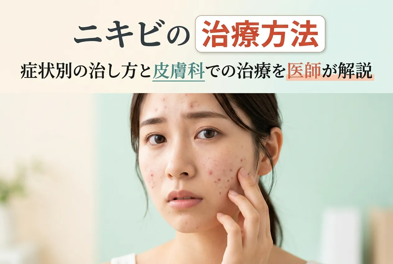 頬のニキビに触れる女性と、症状別のニキビの治療方法や皮膚科での治療を解説するアイキャッチ