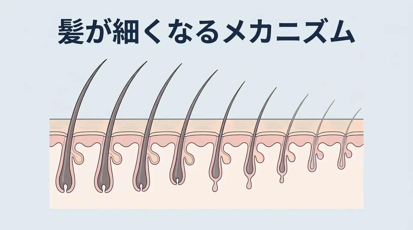 AGAによって髪が細くなるメカニズムを示した毛根の断面図