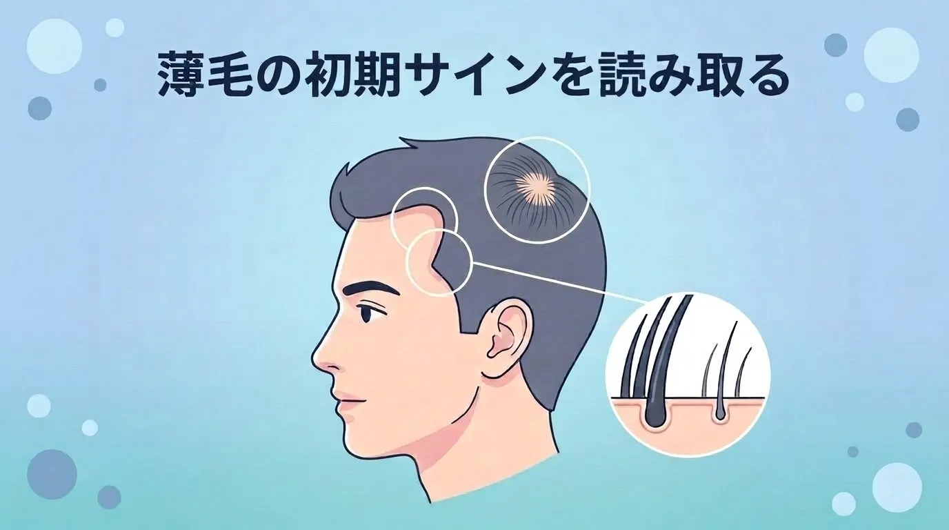 生え際や頭頂部に現れる20代AGAの初期症状を示したイラスト