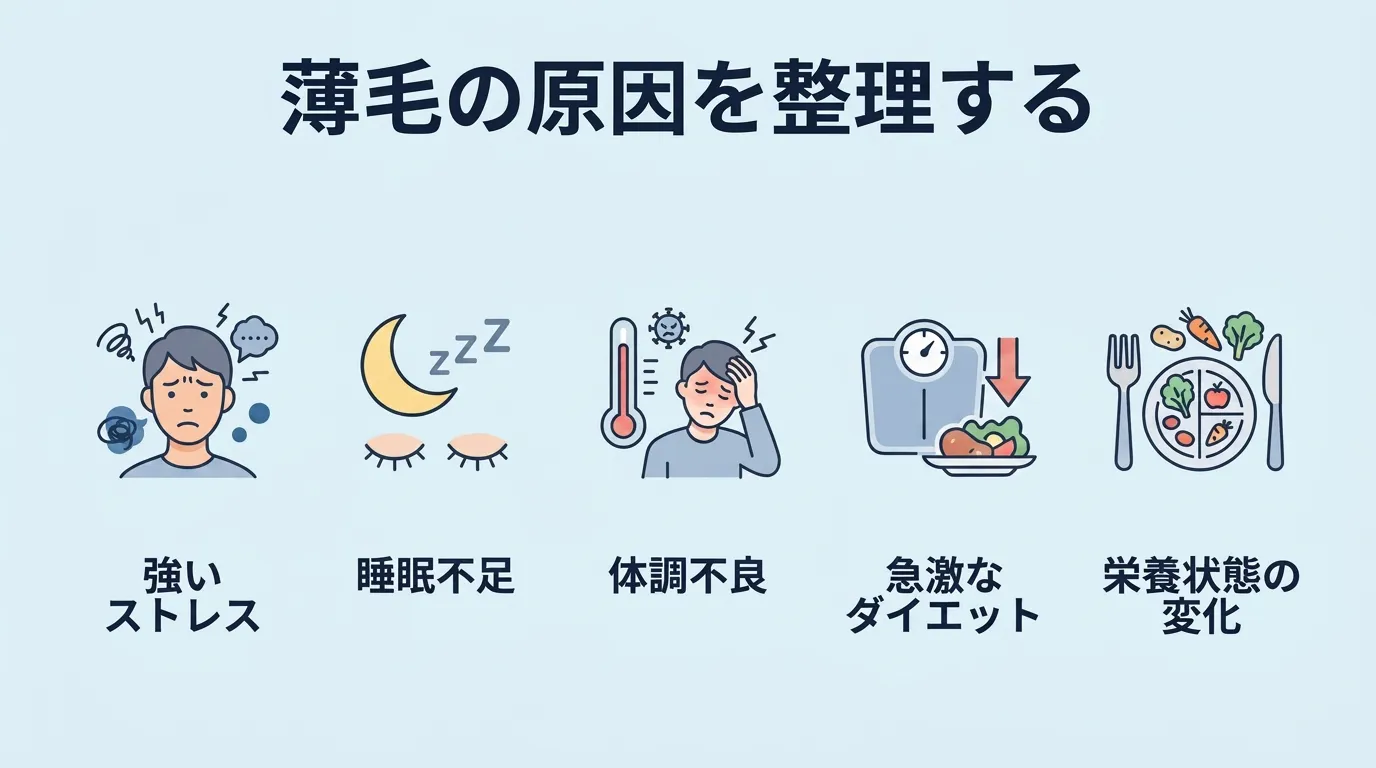 ストレスや睡眠不足、体調不良、急激なダイエットなど薄毛の原因を示した図
