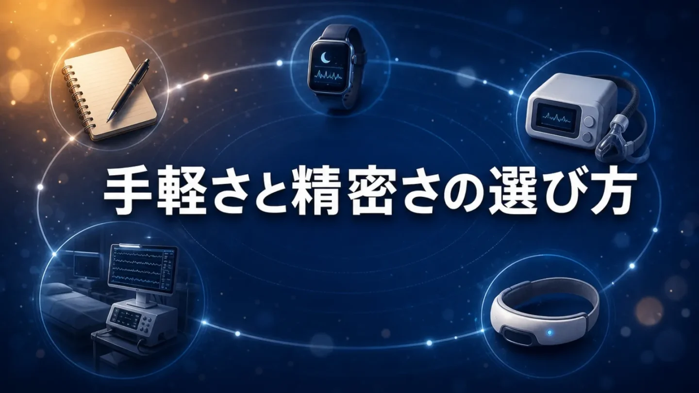 睡眠日誌やスマートウォッチ、簡易検査、精密検査の違いを示すイメージ