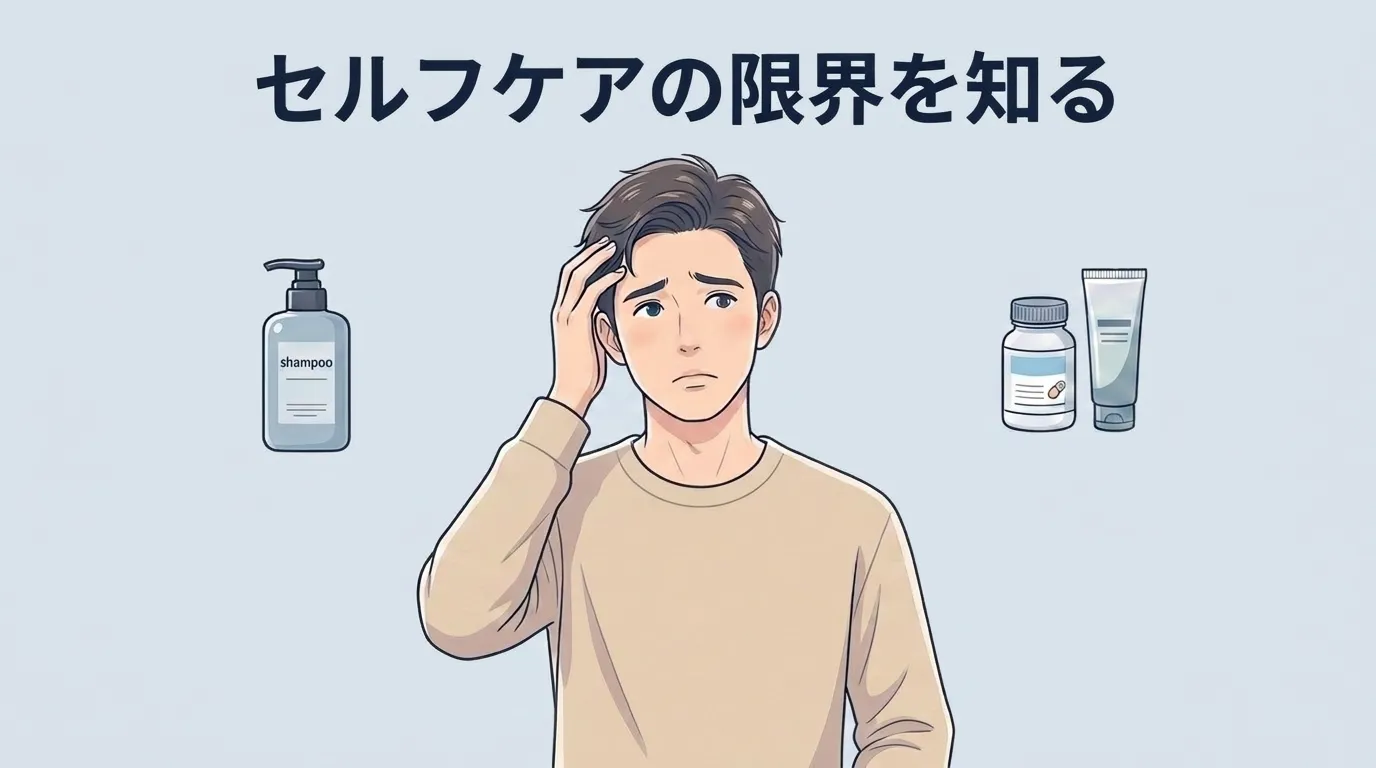 シャンプーやサプリメントなどセルフケアの限界に悩む男性のイラスト