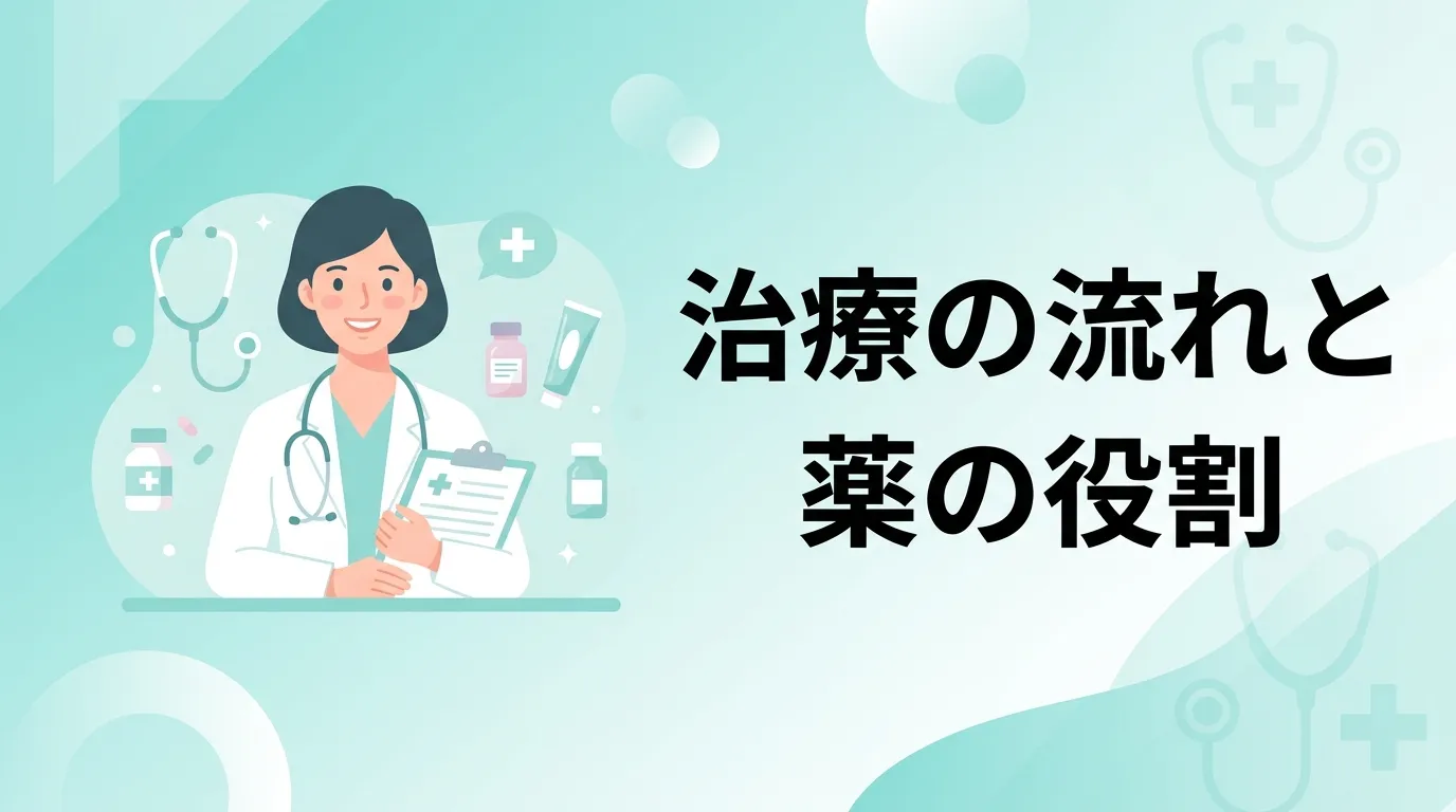 医師と治療薬のイラストで示す、皮膚科で行う保険適用のニキビ治療