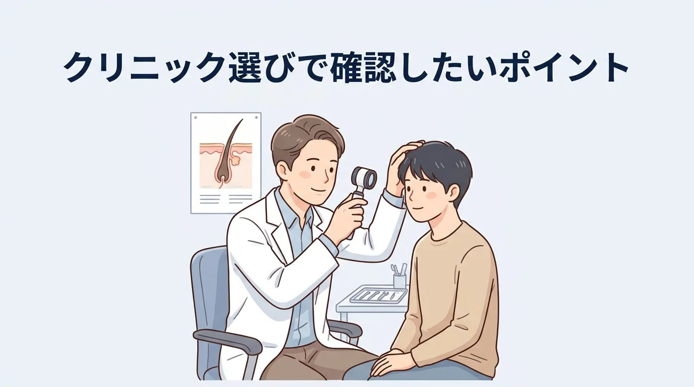 医師による頭皮の診察を受ける男性｜AGAを相談する医療機関の選び方