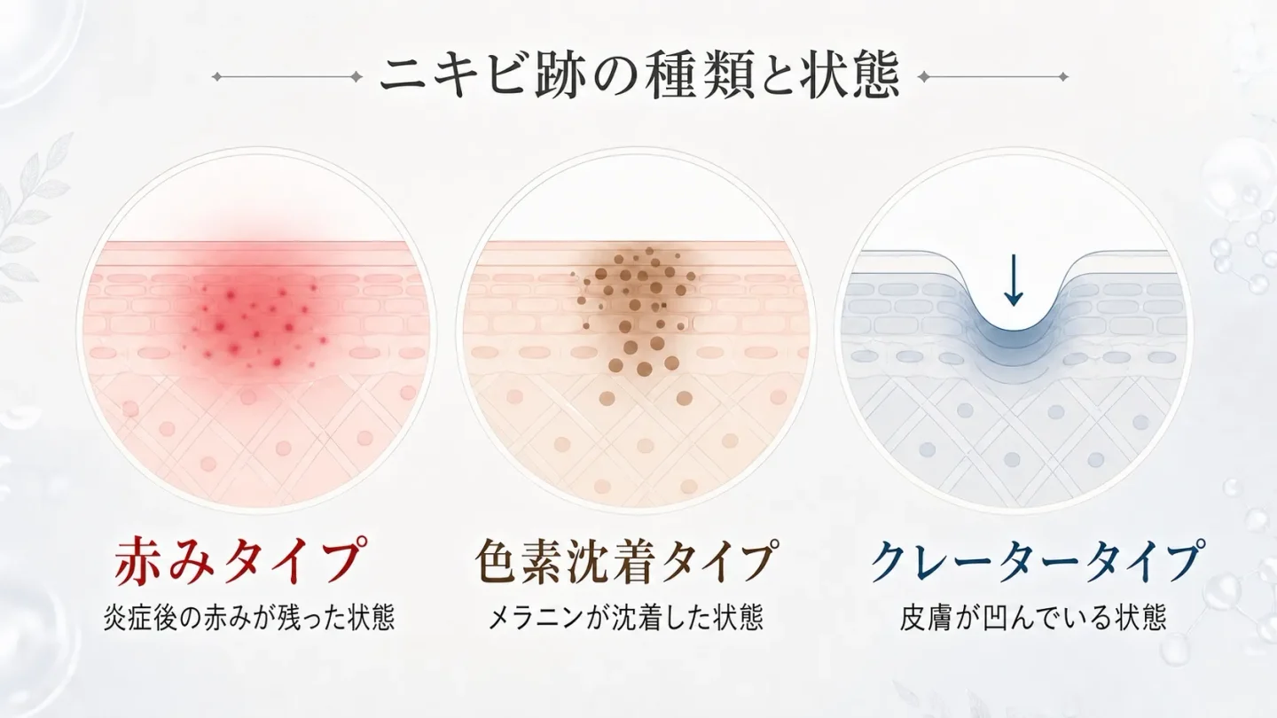 ニキビ跡の赤み・色素沈着・クレーターの3タイプと特徴
