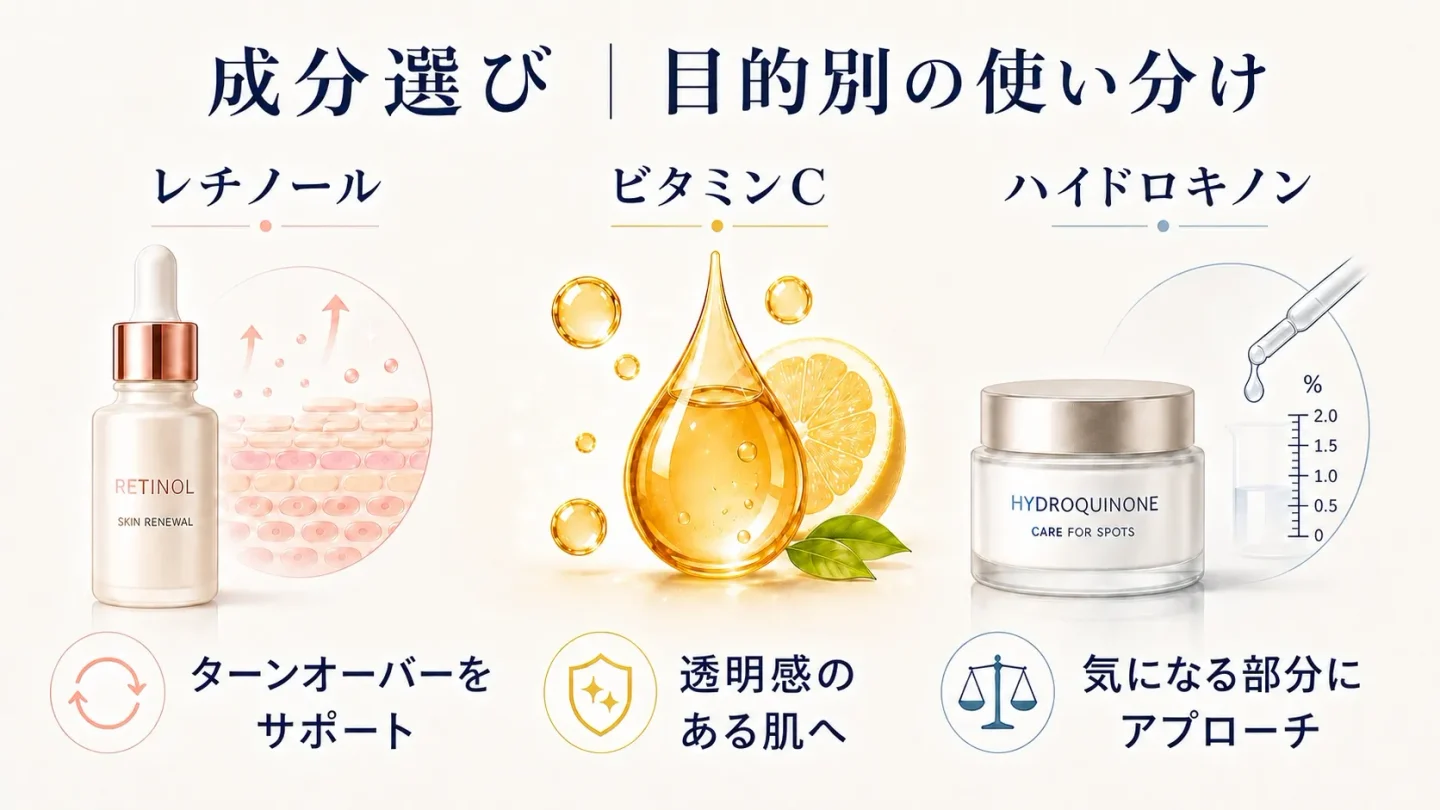 ニキビ跡のスキンケアに使われるレチノール・ビタミンC・ハイドロキノンの比較