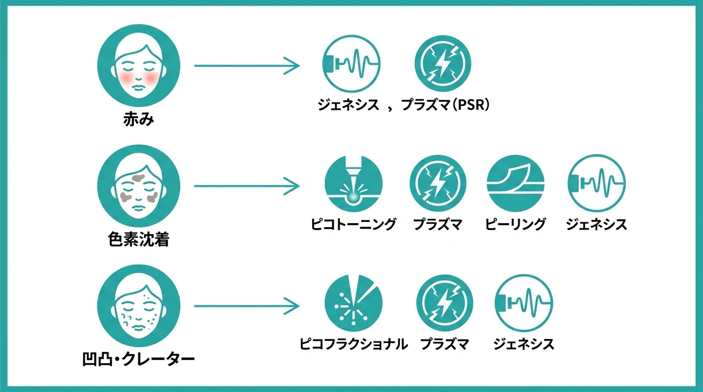 ニキビ跡の赤み・色素沈着・クレーター別に行われるクリニック治療