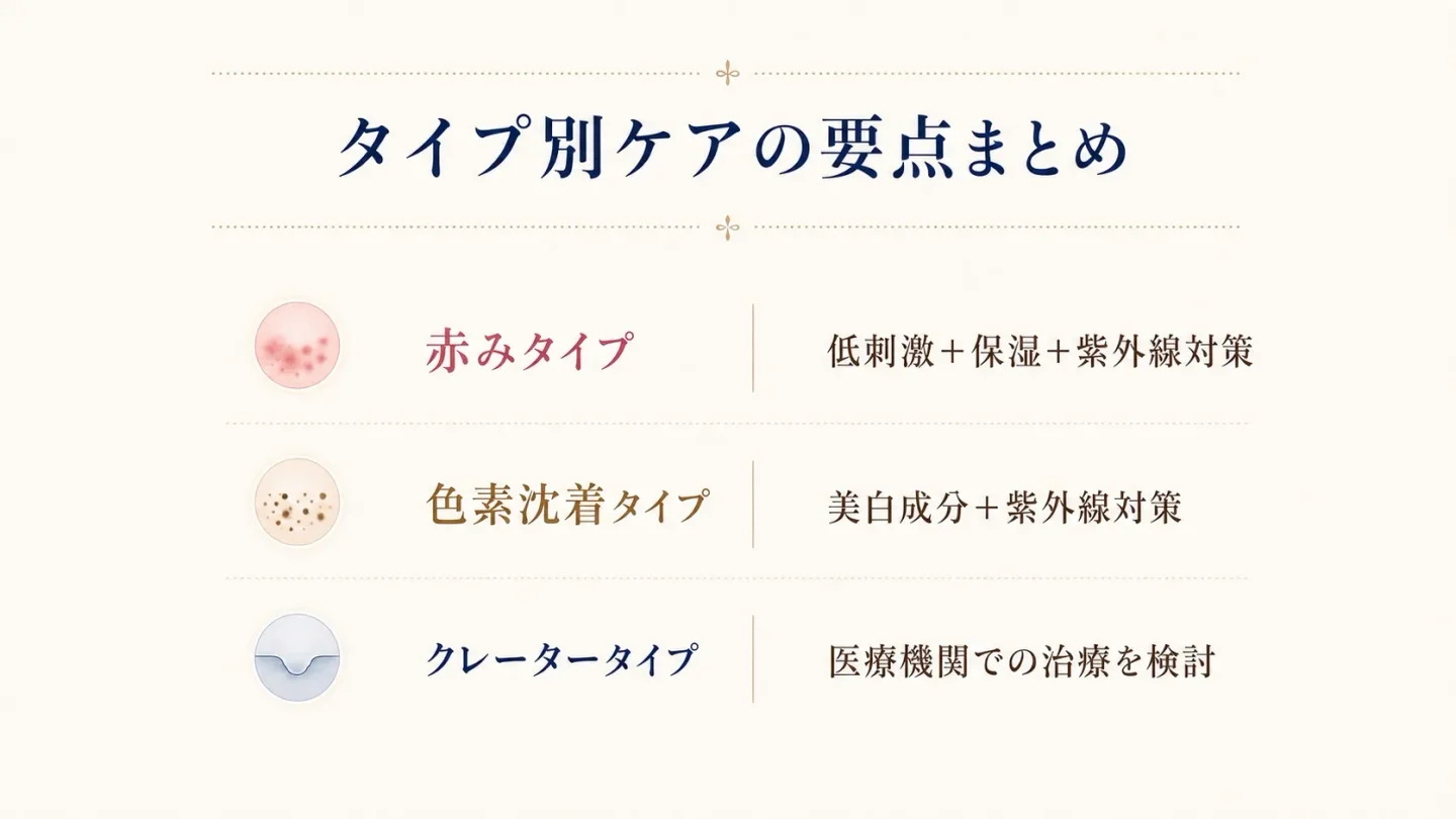 ニキビ跡の赤み・色素沈着・クレーター別スキンケアのポイントまとめ