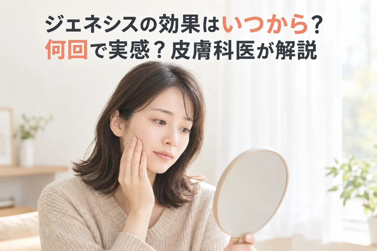 ジェネシスの効果はいつから実感できるか鏡で肌を確認する女性