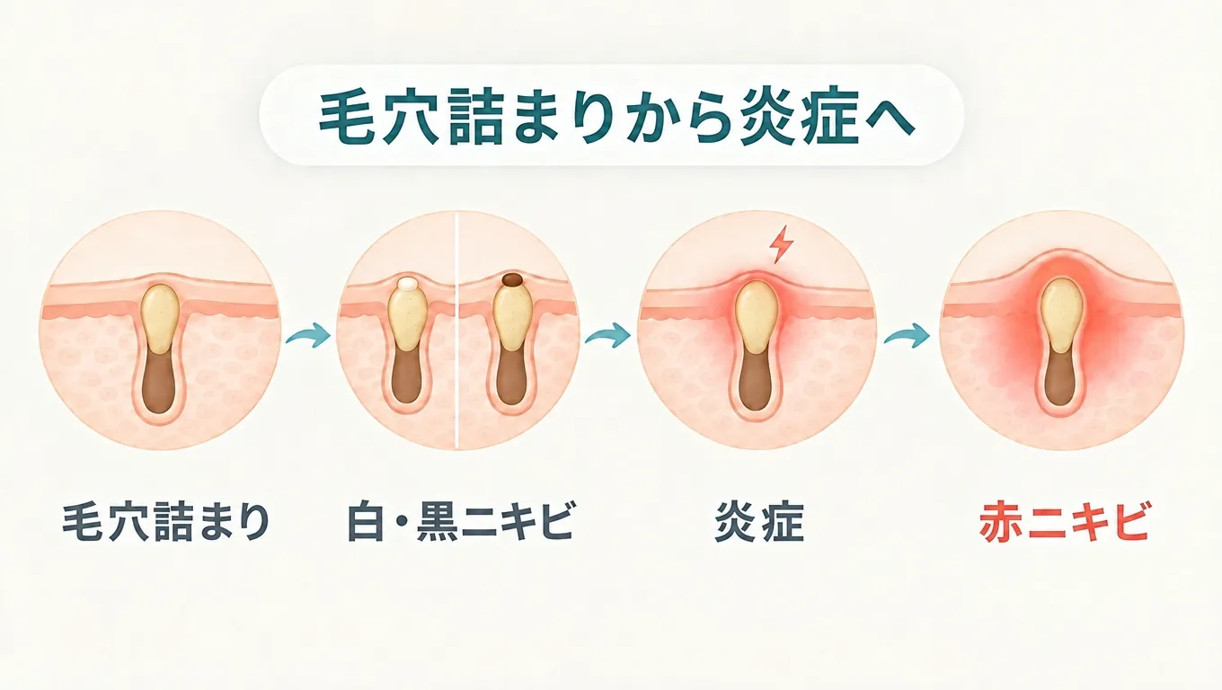 毛穴詰まりから白・黒ニキビ、炎症、赤ニキビへ進行する仕組み