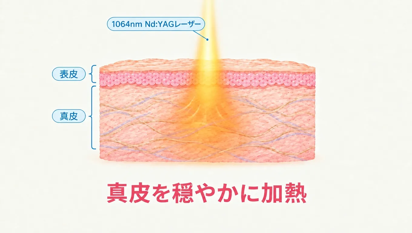 ジェネシスの1064nm Nd:YAGレーザーが真皮を穏やかに加熱する仕組みのイメージ