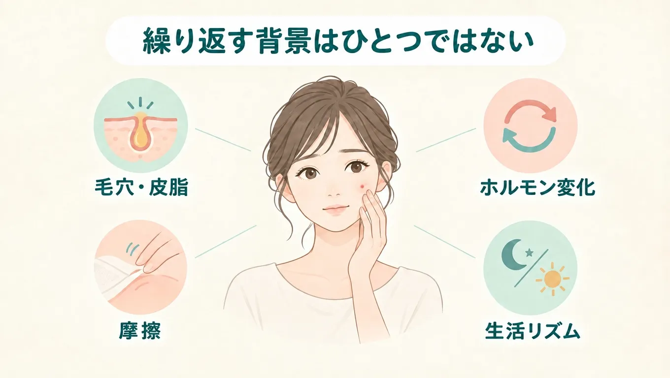 赤ニキビが繰り返す原因として毛穴・皮脂、摩擦、ホルモン変化、生活リズムを示す図