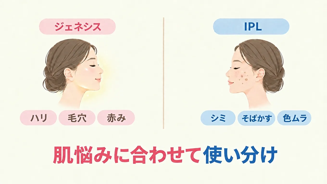 ジェネシスとフォトフェイシャル（IPL）の特徴と肌悩みに応じた使い分けを示すイメージ