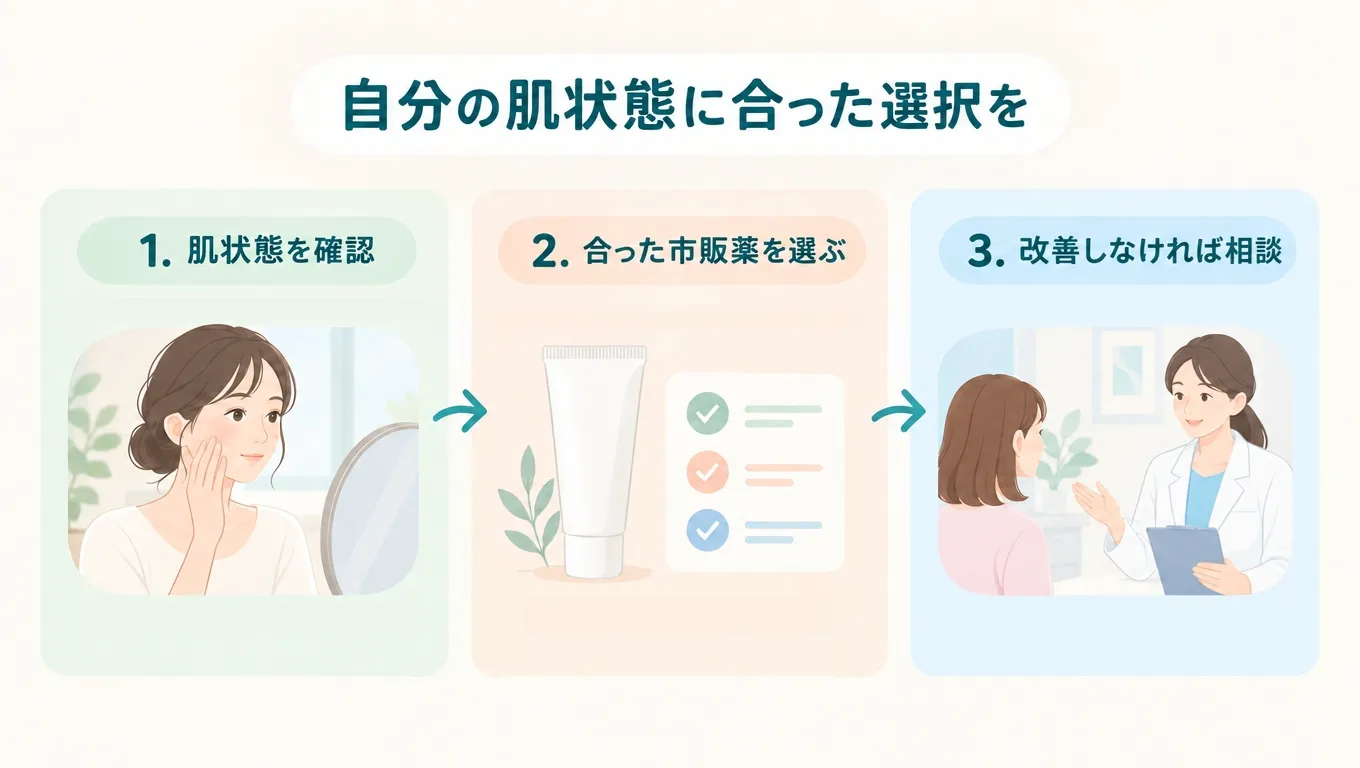 赤ニキビの肌状態を確認し、自分に合った市販薬を選び、改善しない場合は受診する流れを示す図