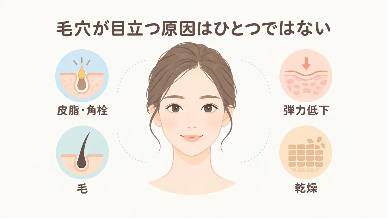 毛穴の開きの主な原因である皮脂・角栓、毛、弾力低下、乾燥を示したイラスト