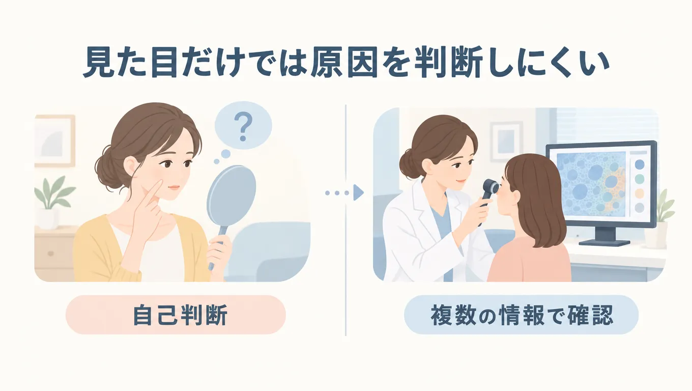 毛穴の開きの原因は見た目だけでは判断しにくく、肌状態の確認が必要なことを示すイラスト
