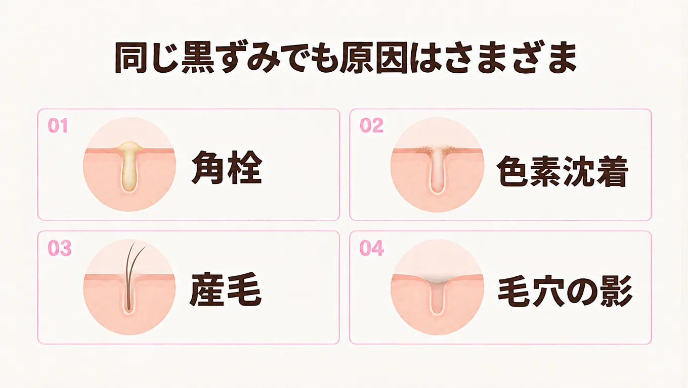 いちご鼻の原因となる角栓・色素沈着・産毛・毛穴の影の4タイプを示したイラスト