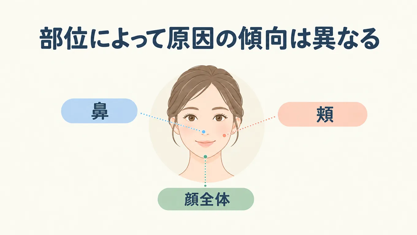 鼻・頬・顔全体など部位によって毛穴の開きの原因が異なることを示すイラスト