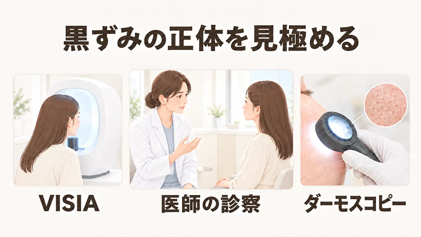 いちご鼻の黒ずみの原因を見極めるためのVISIAによる肌解析・医師の診察・ダーモスコピーによる観察