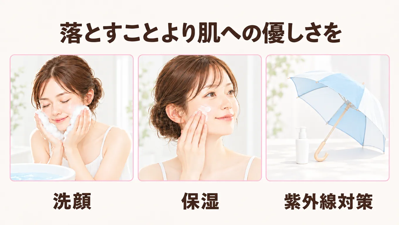 いちご鼻のセルフケアとして行う優しい洗顔・保湿・紫外線対策のイメージ