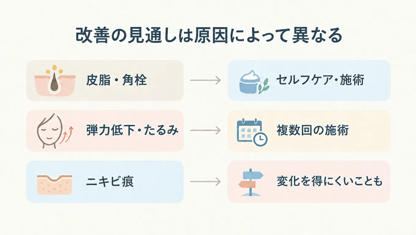 毛穴の開きは原因によって改善の見通しや必要なケアが異なることを示すイラスト