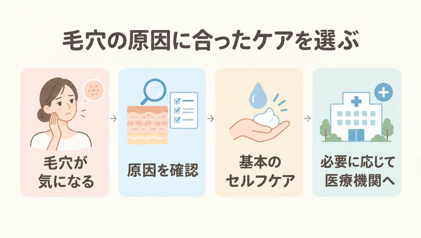 毛穴の開きの原因を確認し、セルフケアや必要に応じた医療機関への相談を検討する流れのイラスト